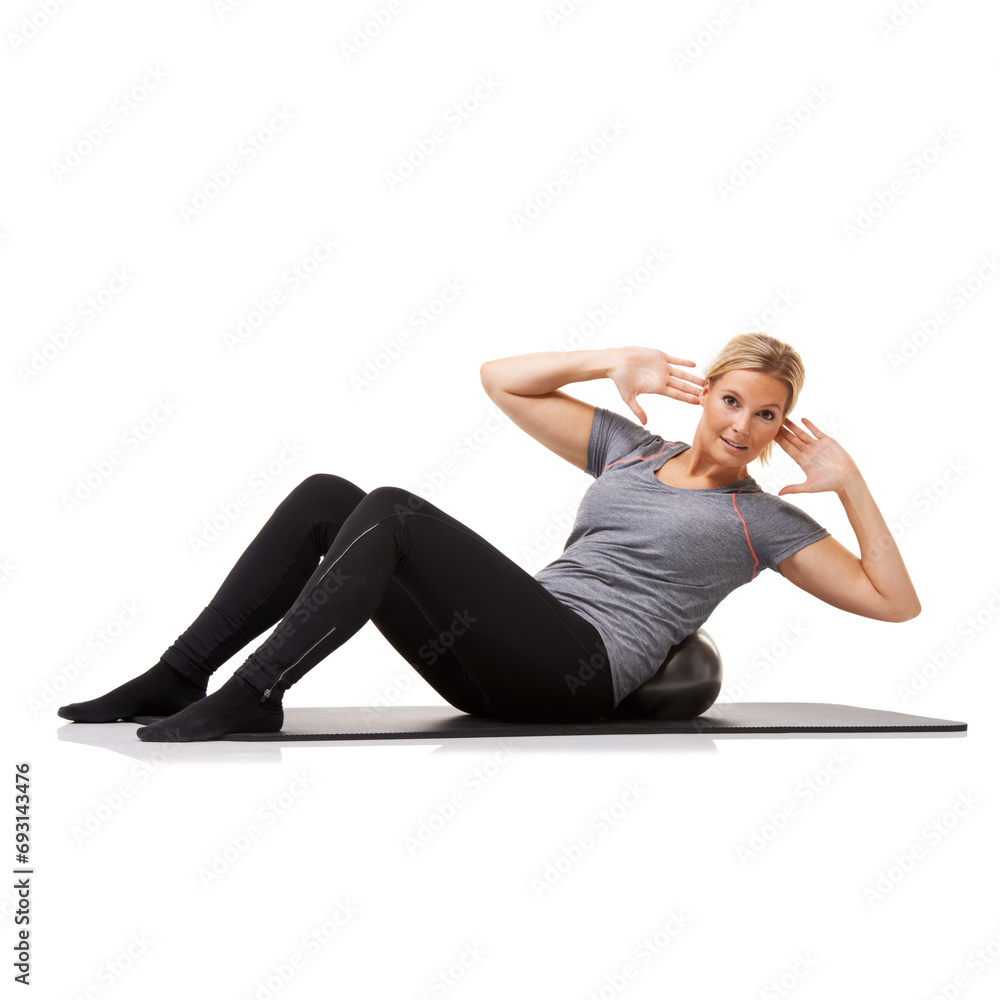 Woman, portrait and sit up with exercise ball for abs obliques workout, fitness or white background. Female person, face and yoga mat or equipment for healthy gym or balance, mockup space in studio Woman, portrait and sit up with exercise ball for abs obliques workout, fitness or white background. Female person, face and yoga mat or equipment for healthy gym or balance, mockup space in studio