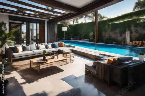 living area with view of swimming pool terrace. © Mazhar