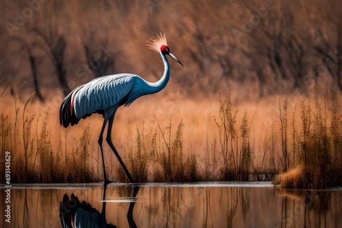 A majestic Eastern Sarus Crane, Grus antigone sharpii, elegantly standing in its natural wetland habitat.  photo