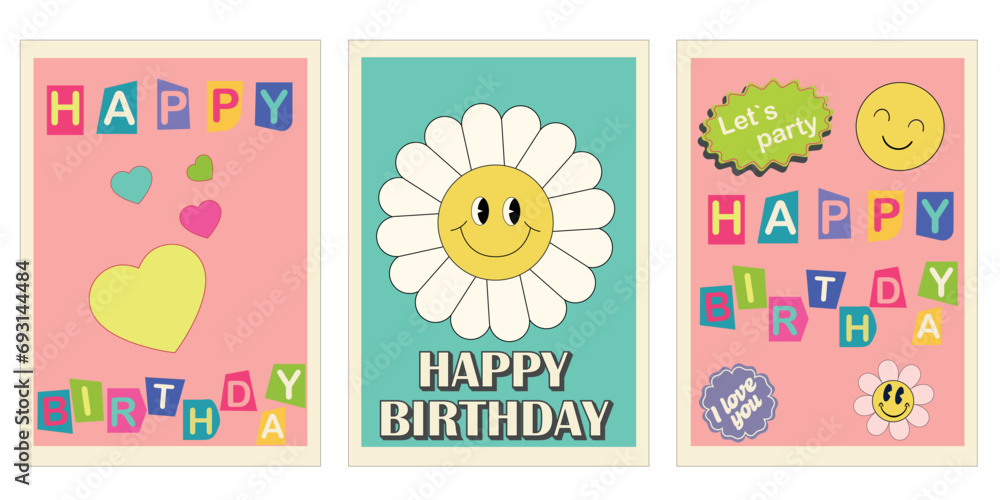 Happy Birthday retro trendy greeting card set. Y2K poster, card, banner. Vintage typographic design for birthday celebration emblem in retro style Happy Birthday retro trendy greeting card set. Y2K poster, card, banner. Vintage typographic design for birthday celebration emblem in retro style