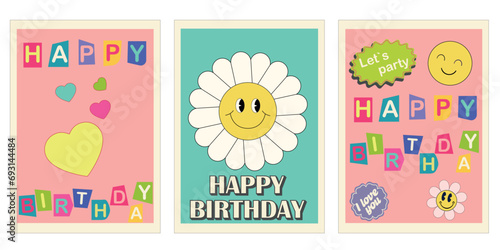 Happy Birthday retro trendy greeting card set. Y2K poster, card, banner.  Vintage typographic design for birthday celebration emblem in retro style 