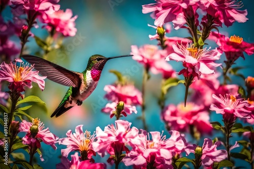 A breathtaking scene capturing the beauty of a colorful hummingbird delicately hovering near a bunch of pink flowers. 