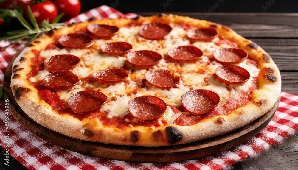 Pepperoni pizza on black board, text space top wiev. Red and white checkered tablecloth.