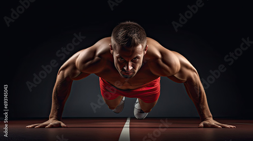 Front view of a shirtless muscular man doing push-ups on a dark background. Advertising banner concept for gym or fitness trainer.