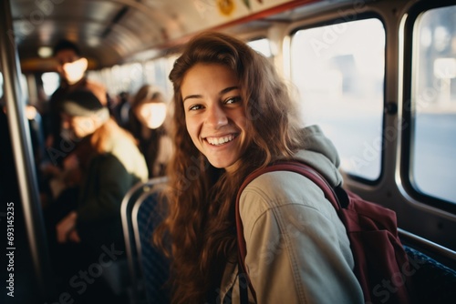 A youthful, grinning lady grasping a grip during her journey on a municipal bus.