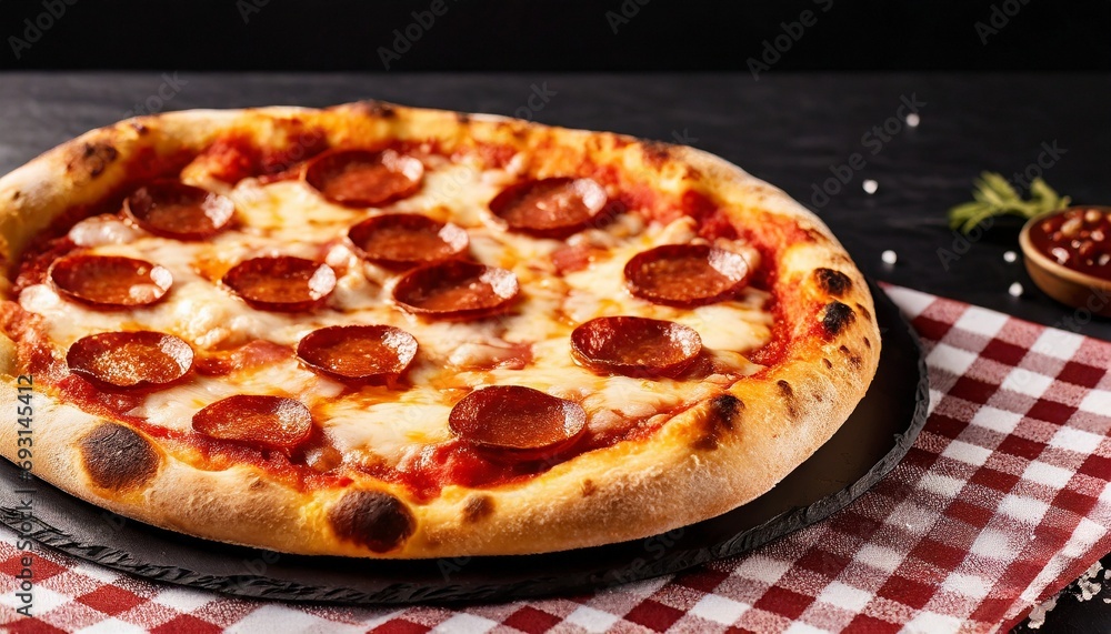 Pepperoni pizza on black board, text space top wiev. Red and white checkered tablecloth.