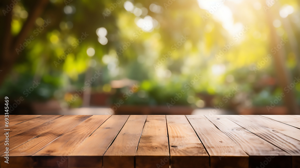 Empty old wooden table with green nature background, Template, Mock up Empty old wooden table with green nature background, Template, Mock up