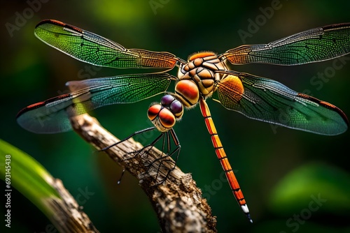A close-up shot capturing the delicate beauty of a dragonfly in a lush forest setting.  © Resonant Visions