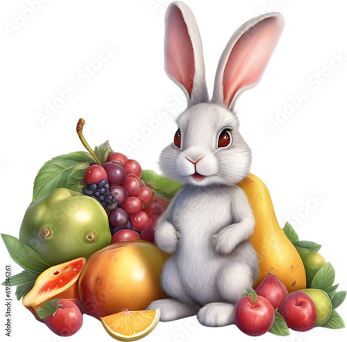 A close-up image of a colorful rabbit and fruits.  photo