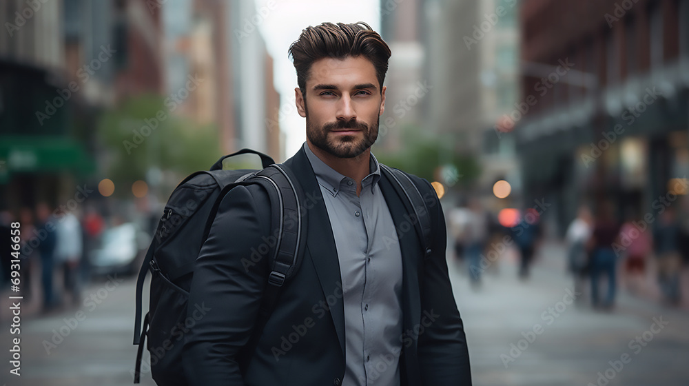 Businessman in the city wearing a backpack Businessman in the city wearing a backpack