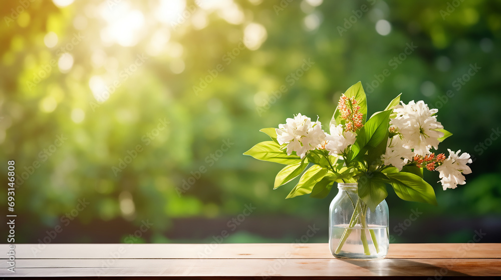 Summer background with flower vase on a wooden table, Template, Mock Up Summer background with flower vase on a wooden table, Template, Mock Up