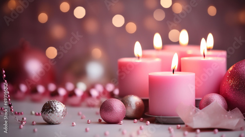 Festive pink composition with romantic hearths and candles, Valentines day, Anniversary, Love 