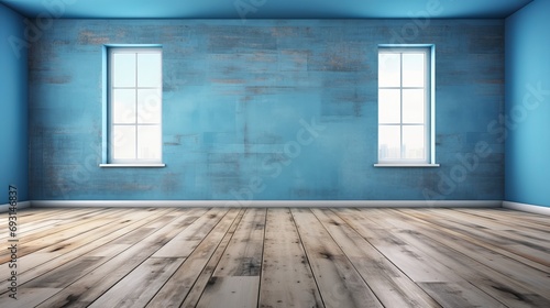Beautiful entirior background for presentation blue wall and wooden floor