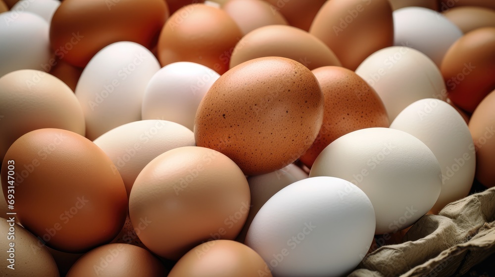 brown and white eggs in a pile, representing the farm-fresh diversity of organic goodness. brown and white eggs in a pile, representing the farm-fresh diversity of organic goodness.