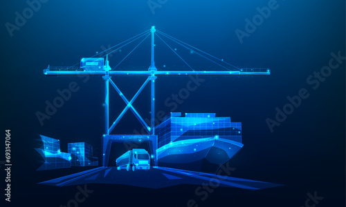 logistic ship loading cargo and crane on port digital low poly on blue background. international shipping transport busines. trading network.