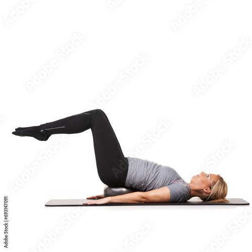Exercise legs, pilates and woman on ball in workout, training and healthy body isolated on a white studio background mockup space. Floor, mat and person on equipment for sports, balance or fitness photo