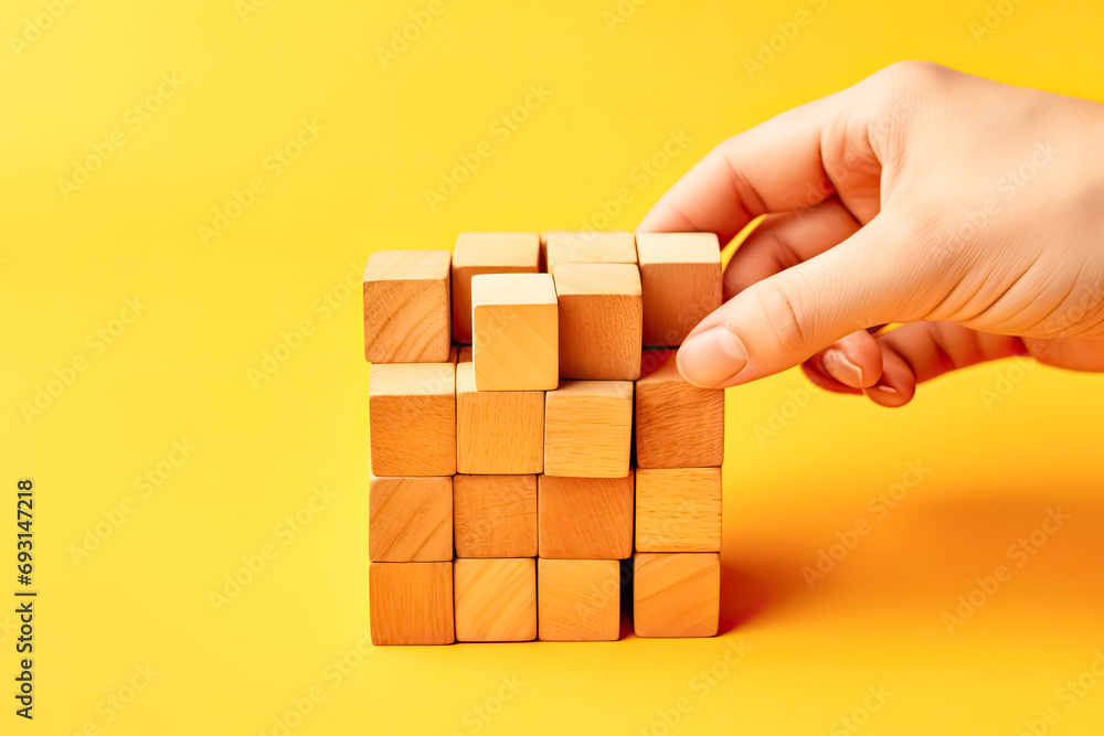 Obraz premium Strategic move, Businessmans hand extracts a wooden cube, symbolizing the precision and thoughtfulness of a strategic business approach in stock photos.