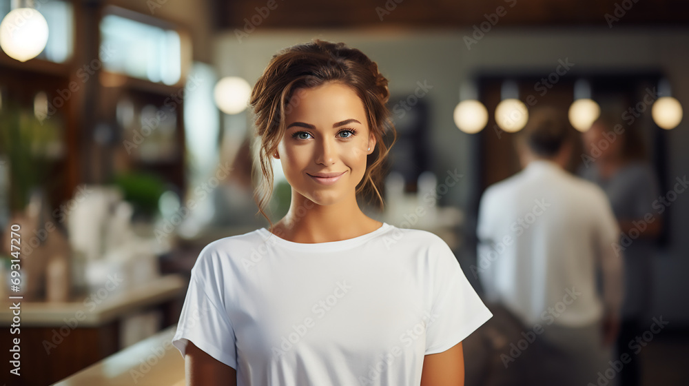 Smiling girl a white t-shirt at a counter of a beauty, cosmetic salon, Fashion, Commercial, Template 