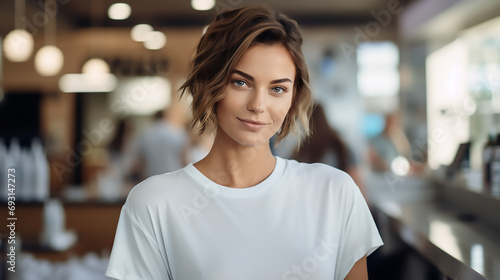 Smiling girl a white t-shirt at a counter of a beauty, cosmetic salon, Fashion, Commercial, Template 