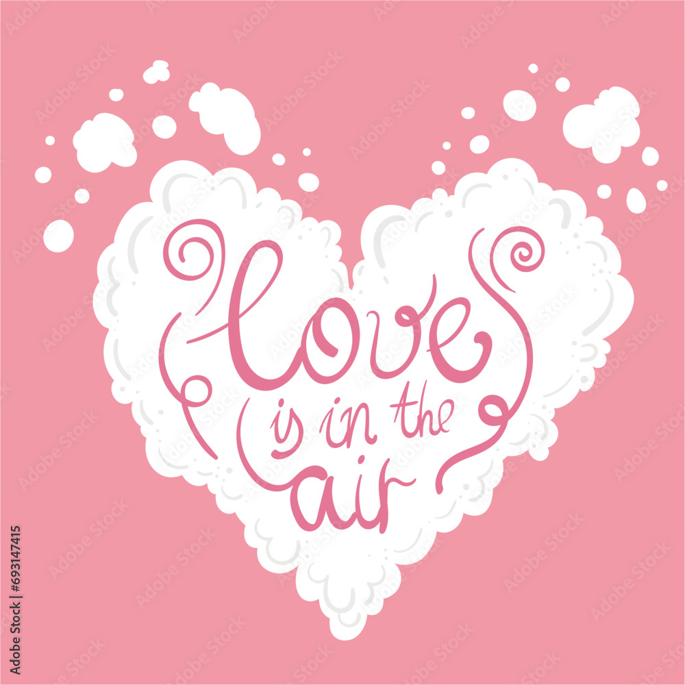 Heart clouds made float over pink sky,hand drawn style. puffy heart with text for saint valentine's day.