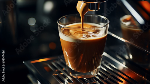 Freshly brewed cup of coffee in a professional coffee machine