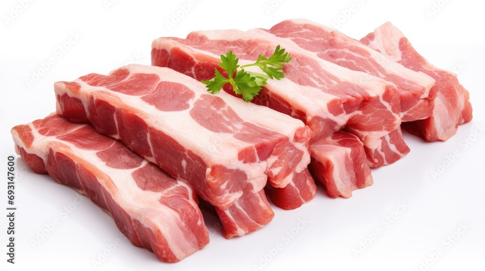 raw pork ribs on a white background, representing the meaty goodness of BBQ preparation. raw pork ribs on a white background, representing the meaty goodness of BBQ preparation.