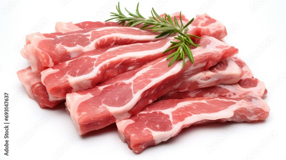 raw pork ribs on a white background, representing the meaty goodness of BBQ preparation. raw pork ribs on a white background, representing the meaty goodness of BBQ preparation.