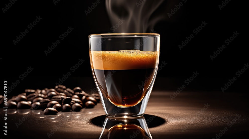 glass cup of espresso coffee isolated on black, representing the pure delight of aromatic brew. glass cup of espresso coffee isolated on black, representing the pure delight of aromatic brew.