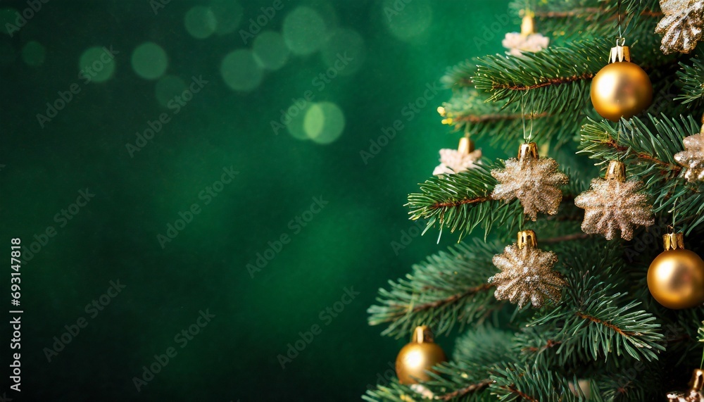Christmas tree close up, dark green background, text space	
