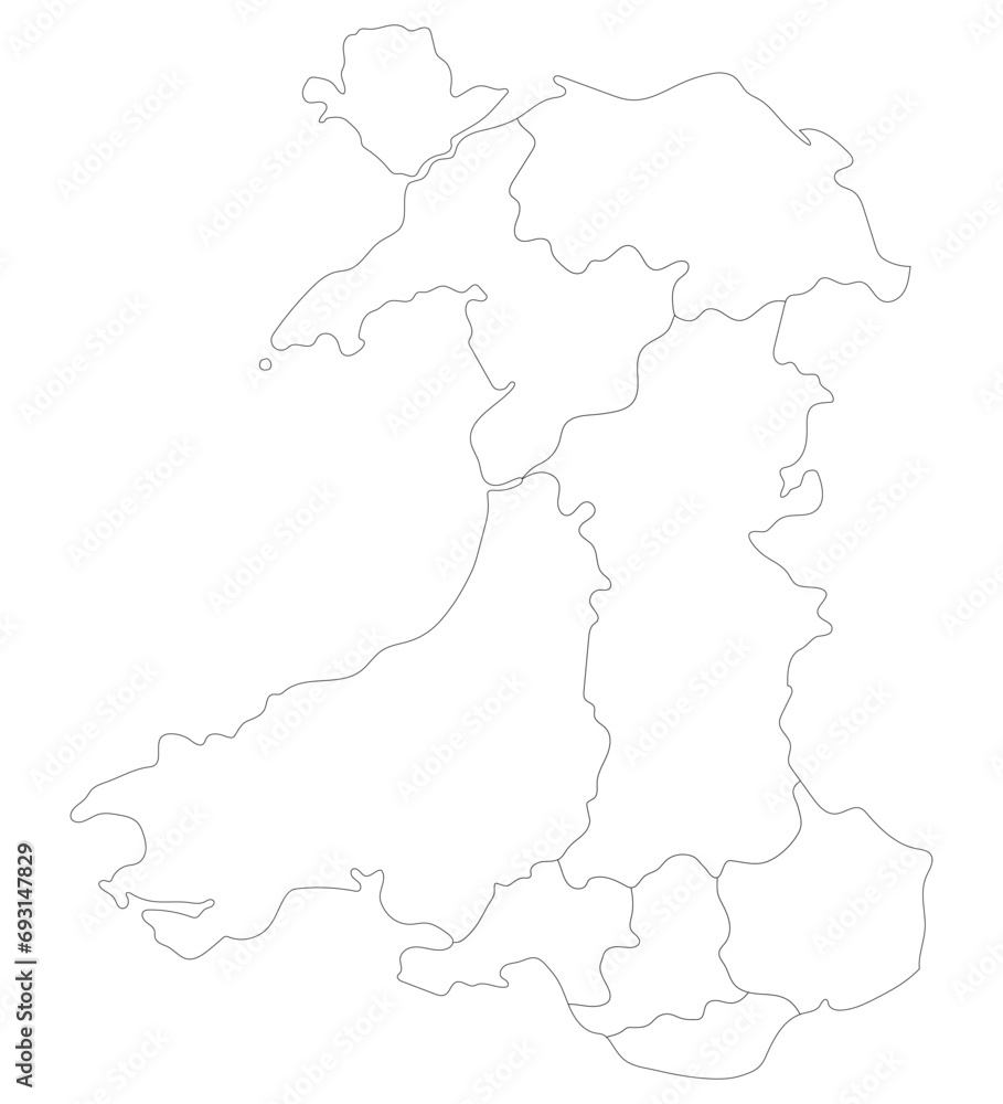 Wales map. Map of Wales divided in main regions in white color