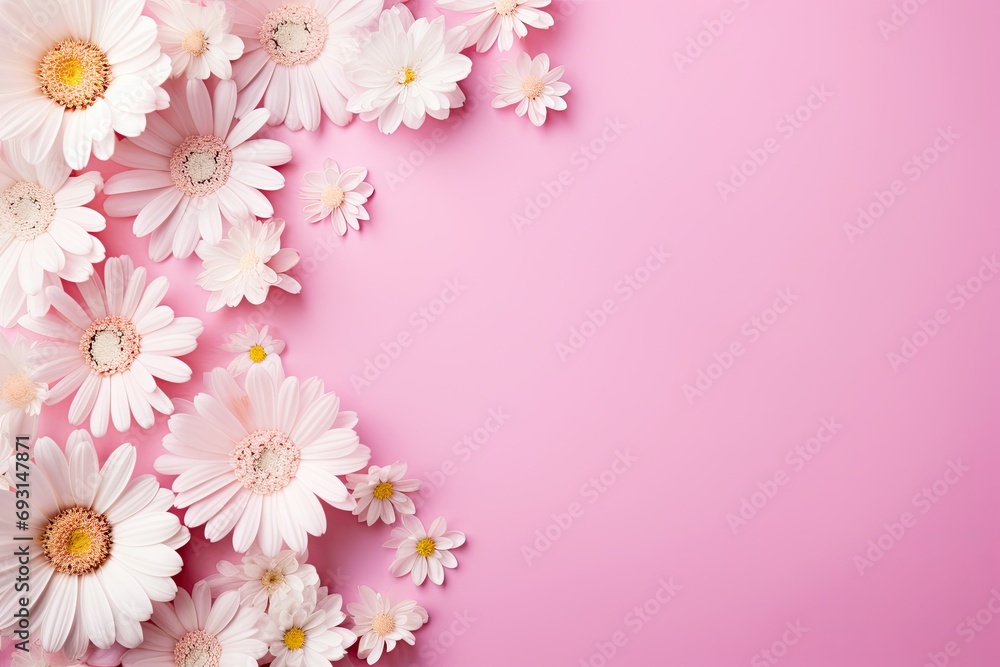 white daisies and other flowers on pink background Generative AI