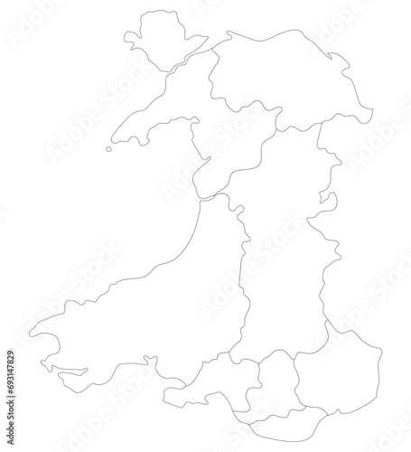 Wales map. Map of Wales divided in main regions in white color