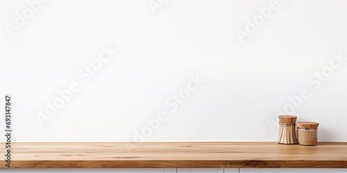 Counter made of wood against a white backdrop.