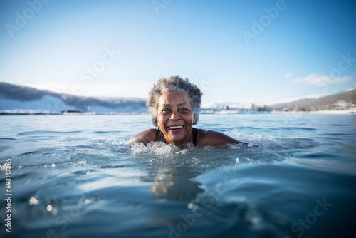 Happy African American active senior woman swimming in ice water in winter outdoors © colnihko