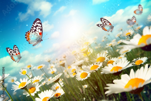 Chamomile field with daisies and butterfly. Nature blurred background.