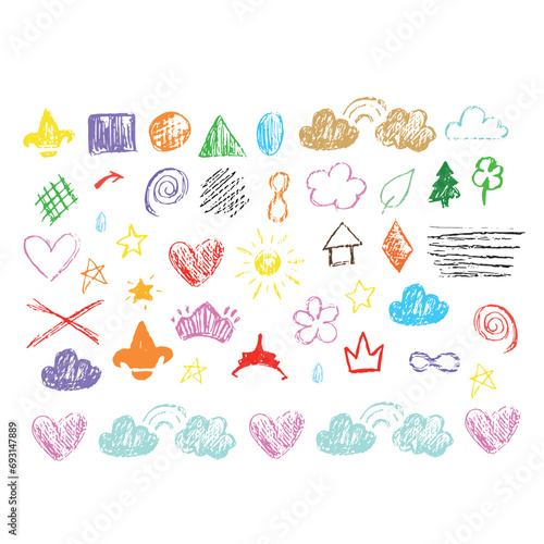Doodle cartoon art.  Like kids colorful crayon, pastel, chalk or pencil stroke. Colorful hand drawn doodle shape set on white background. Vector illustration. 