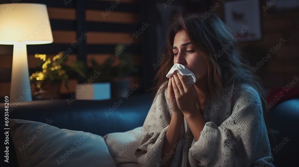 Sick woman blowing their nose while she sits on the couch at home - obrazy, fototapety, plakaty 