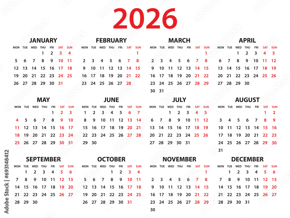 Calendar 2026 year vector illustration, Set of 12 calendar, week starts Calendar 2026 year vector illustration, Set of 12 calendar, week starts