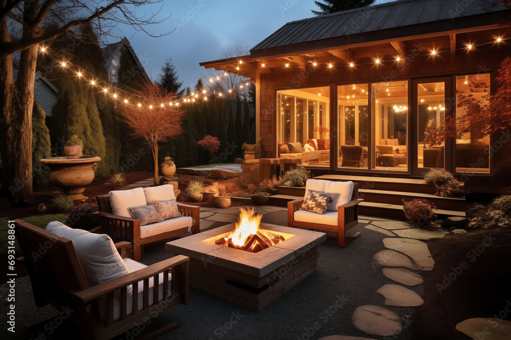 Cozy backyard deck with fire pit And sitting area in winter Cozy backyard deck with fire pit And sitting area in winter