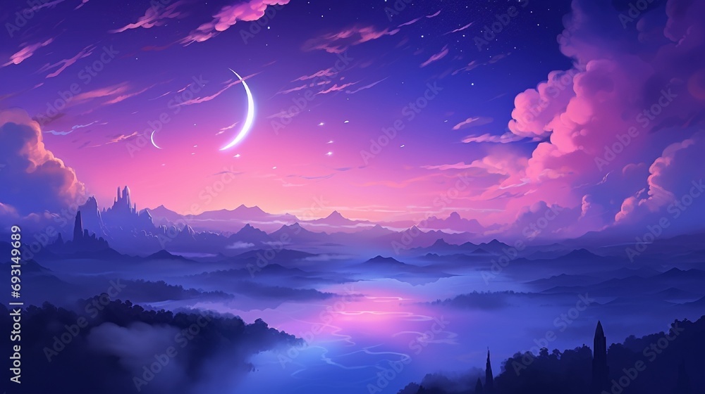 A serene twilight sky, with shades of purple and pink, and the first stars beginning to twinkle.