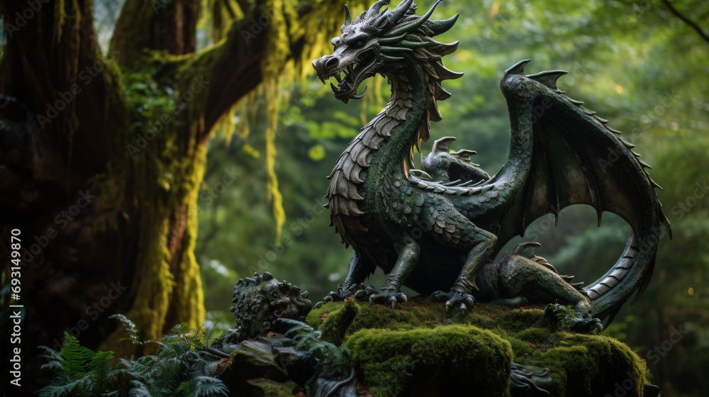 A close up of a dragon statue in a forest