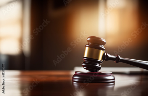 Judge hammer in courtroom. Justice in courthouse. Mallet of judge on law and legal right. Lawyer in courtroom. Judges decide and punishment. Sale, Sold on auction. Violation of law and Trial Process. photo