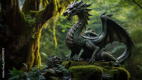 A close up of a dragon statue in a forest © Ayyan