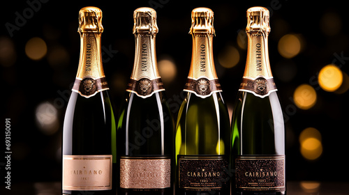 Sparkling bubbles around champagne bottles, New Years Eve background, celebration template, Happy New Year, Commercial background