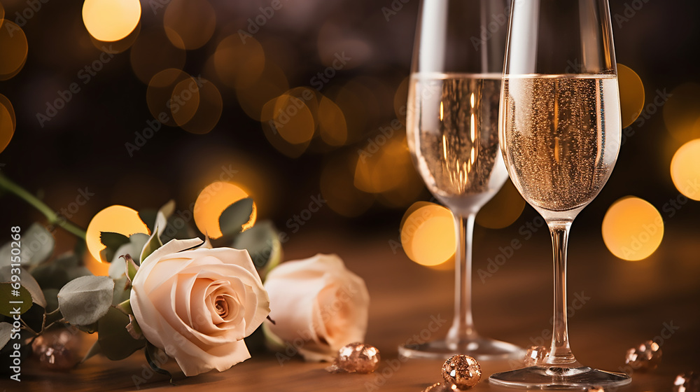 Two glasses of champagne with elegantly curved divine gift ribbon, Valentines day, Engagement, Anniversary, Wedding, Celebration Template Two glasses of champagne with elegantly curved divine gift ribbon, Valentines day, Engagement, Anniversary, Wedding, Celebration Template