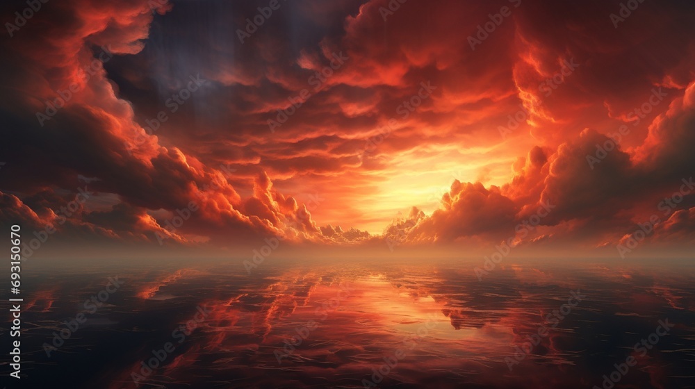 A vivid sunset with clouds illuminated in fiery tones of red and orange, creating a dramatic end to the day.