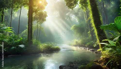 Sunrise over the river in the forest. Beautiful nature landscape.
