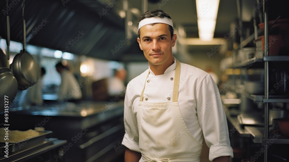 Fototapeta premium Chef in white uniform standing in a kitchen, preparing delicious dishes