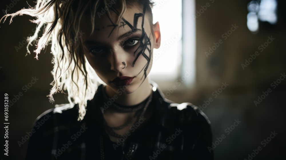 Spooky skull face paint adorns a woman's visage, creating a hauntingly beautiful image Spooky skull face paint adorns a woman's visage, creating a hauntingly beautiful image
