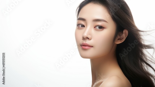 A stunning Asian female model with wavy long hair, radiating beauty and elegance, posing on a studio background.